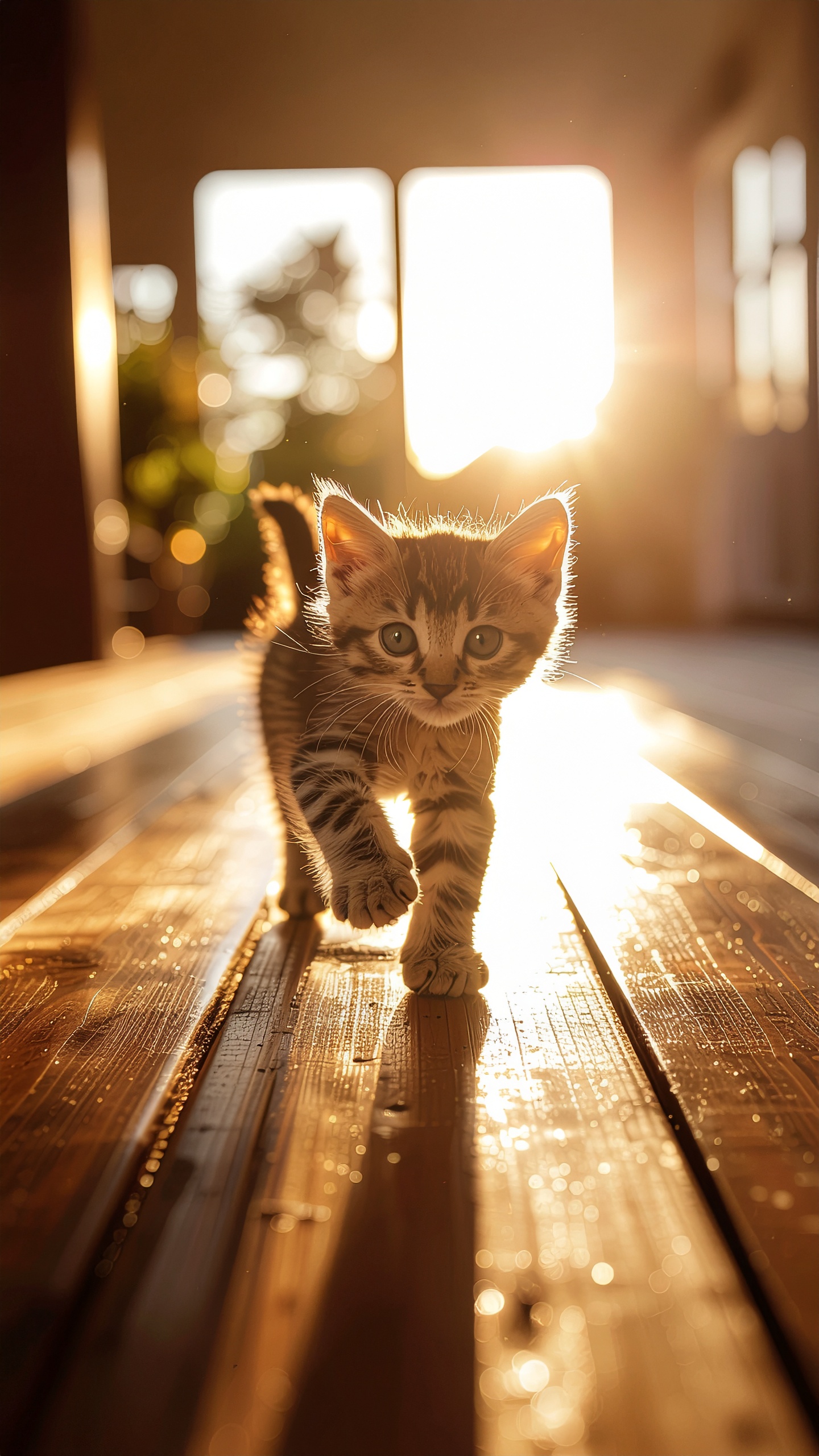 Filhote de gato caminha sobre piso de madeira iluminado pelo pôr do sol, criando um efeito de contraluz dramático que destaca seus pelos e cria um ambiente acolhedor e sereno.